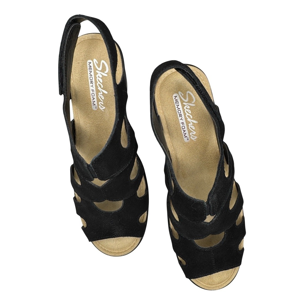 Skechers Wedge Memory Foam Black Suede Sandals Size 8 - Picture 11 of 14